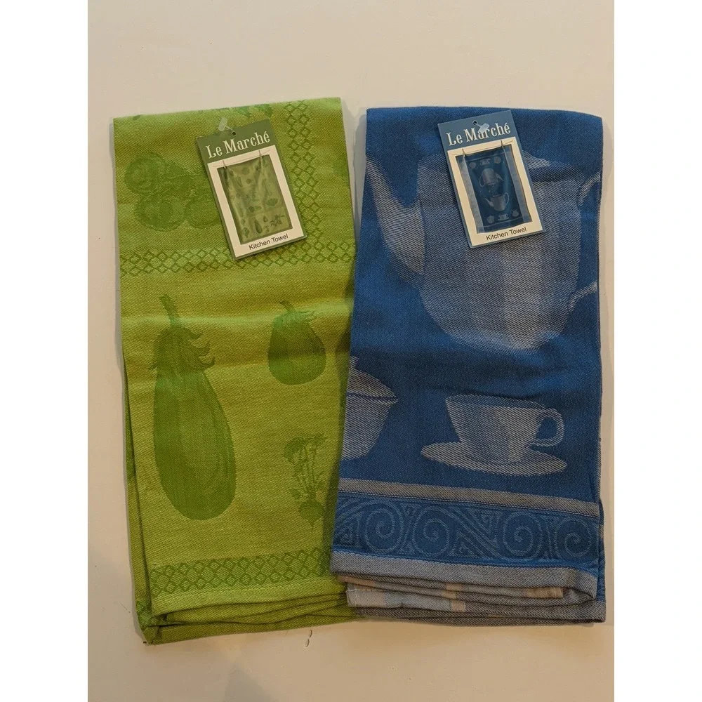 Le Marche Kitchen Towels Set of 2 Green Blue Vegetable Jacquard NWT